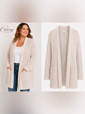NET 153 2X 3X Cream Textured Knit Open Front Cardigan Boho Duster Cozy Chic